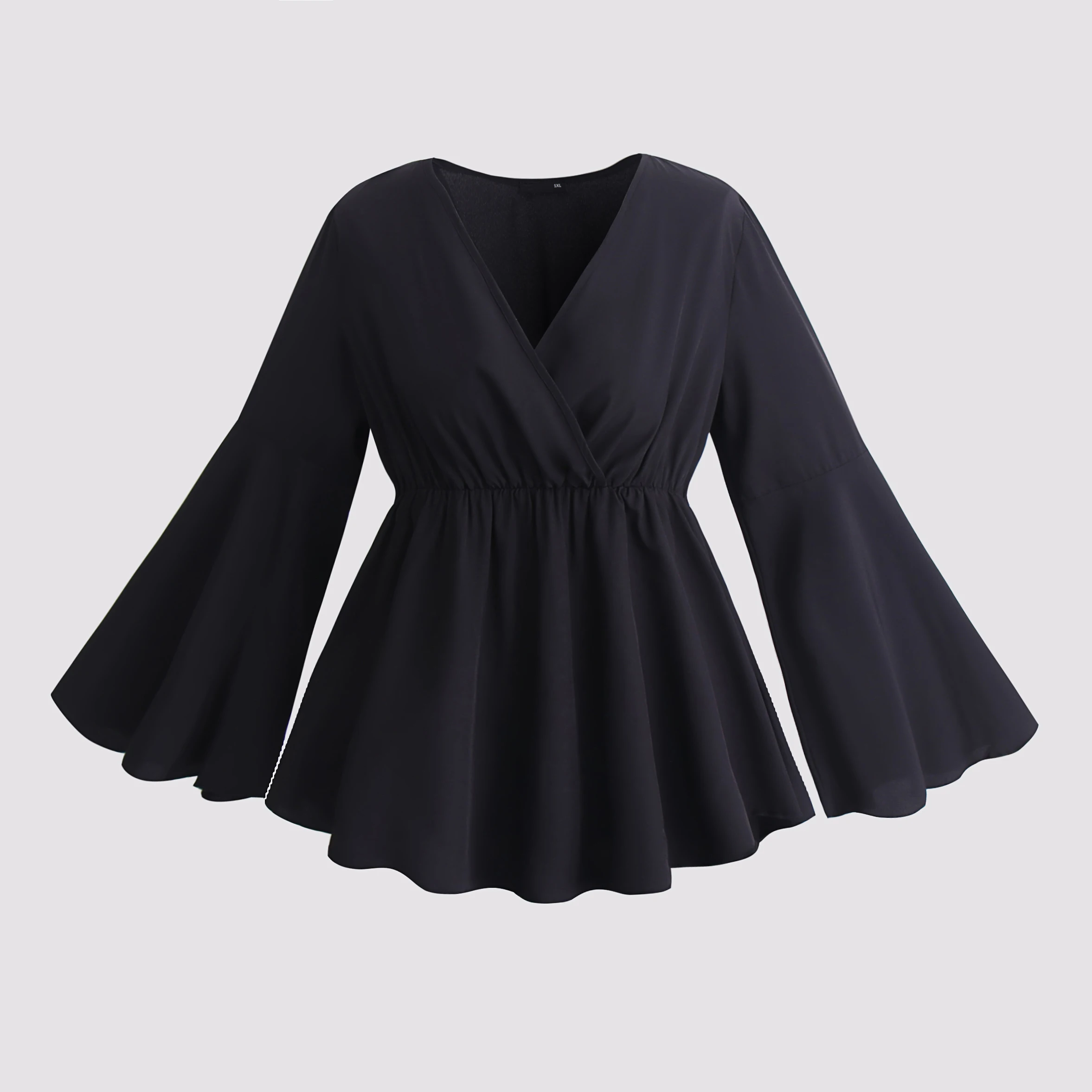Plus Size 4XL Black Blouses Women's Autumn 2022 Flare Sleeve Peplum Tops V Neck Oversized T Shirts Elegant Casual Solid Clothing