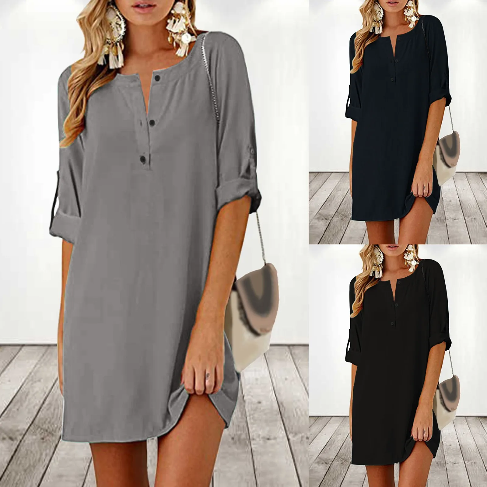 

2023 New Dress Women Fashion Casual Loose Solid Button 3/4 Sleeve Medium Length Dress Vestido Robe Mujer