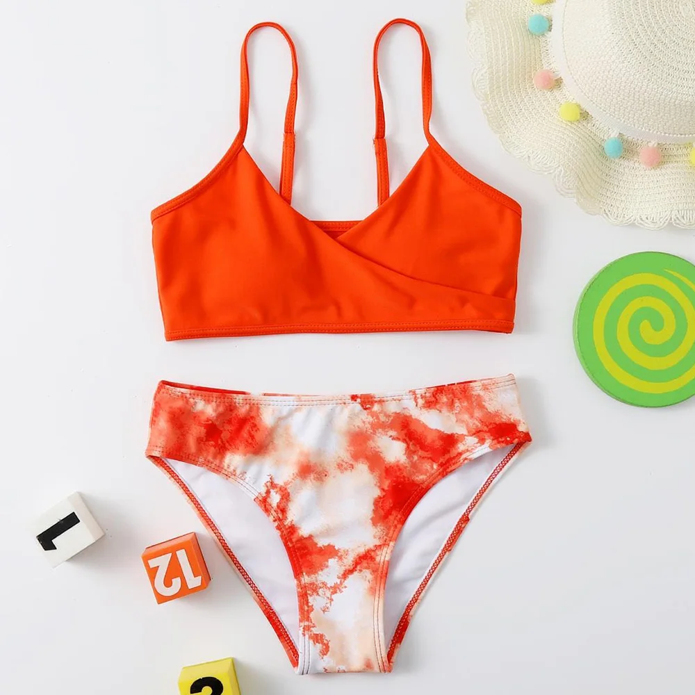 

Tie Dye Girls Swimsuit Kids Surplice Triangle Bikini Neck Two Piece Children's Swimwear 7-14 Years Teen Bathing Suit Beachwear