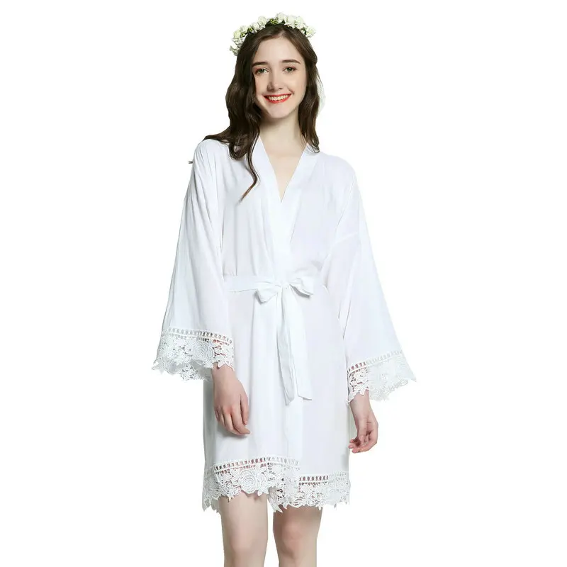 YUXINBRIDAL 2019 New champagne Solid Cotton Kimono Robes with Lace Trim Women Wedding Bridal Robe Bathrobe Sleepwear White Gift