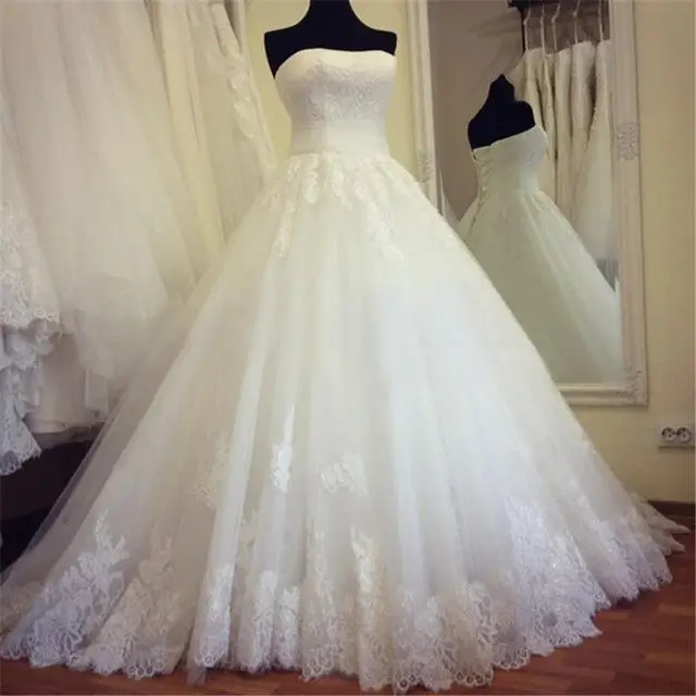 

Strapless Ball Gown Lace Appliques Wedding Dresses 2023 Sweep Trian Plus Size Vestido De Novia 2023 Boda Bridal Gowns