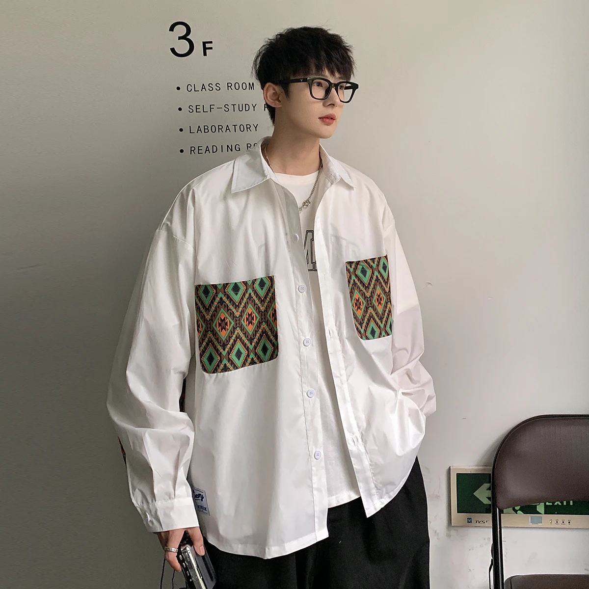 

Spring Autumn Men's Long-sleeved Shirt With Loose Lapel Collar Couple Dating Thin Teen Coat High Street Unisex Casual Clothes
