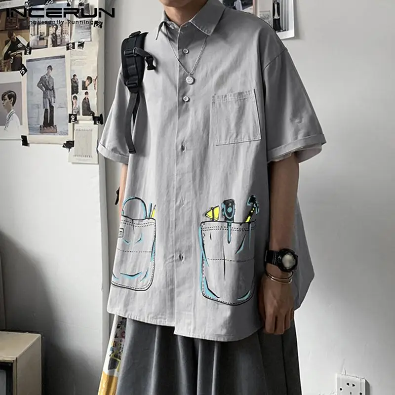 

INCERUN Fashion Men Shirt Printing Lapel Short Sleeve Loose Korean Style Casual Men Clothing 2022 Streetwear Leisure Tops S-5XL