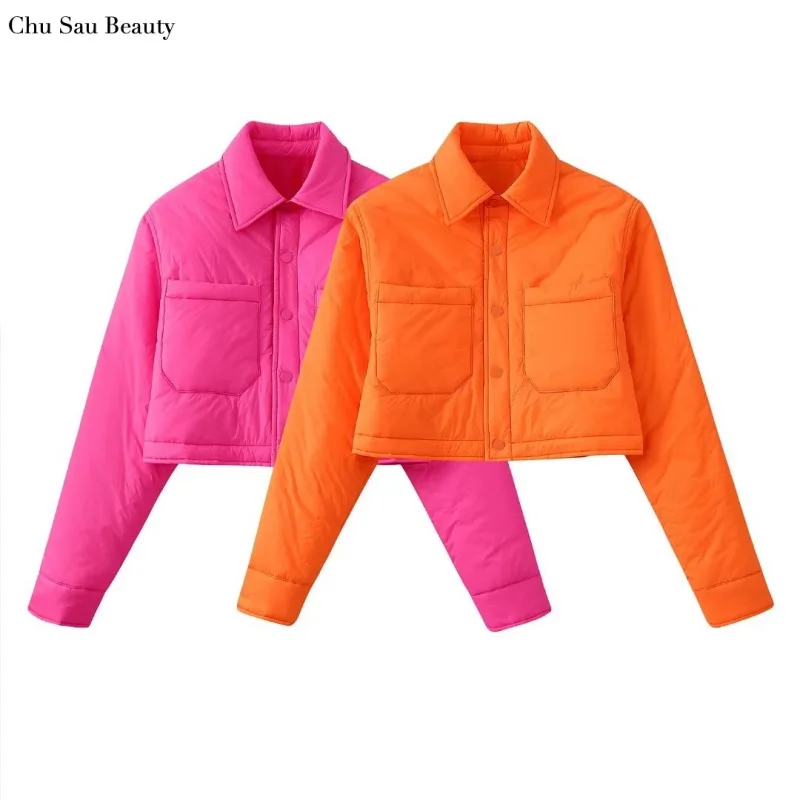

Chu Sau Beauty 2022 New Za Women Short Padded Jacket Fashion Lapel Long Sleeve Single Breasted Jacket Simple Casual Street Style