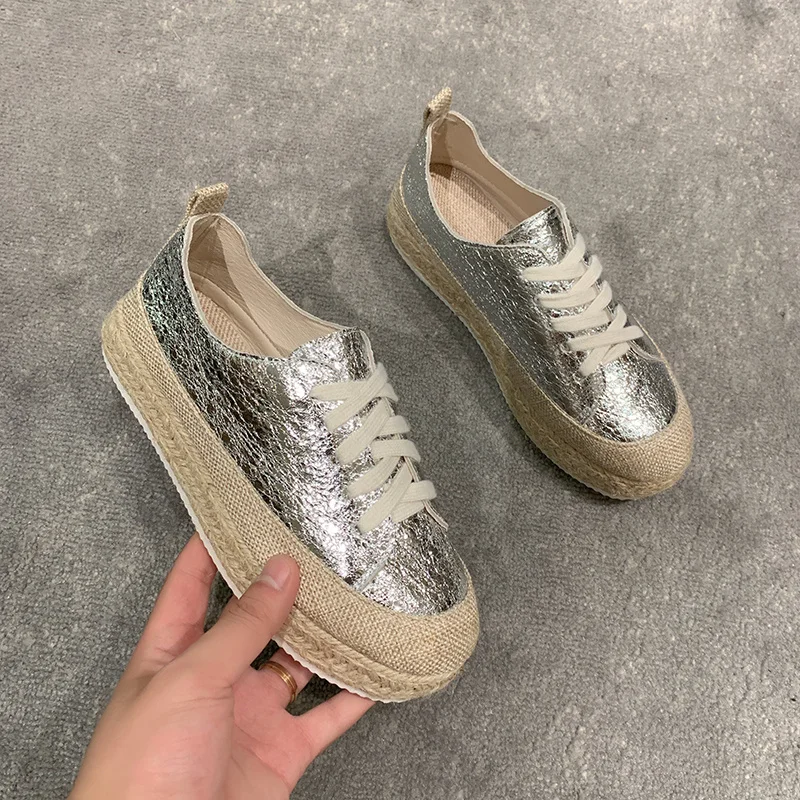 Women Sneakers Woven Gold Sequins Single Shoes Round Head Lace-Up Retro Platform Flats Shoes Light Cozy Walking Vulcanized Shoes