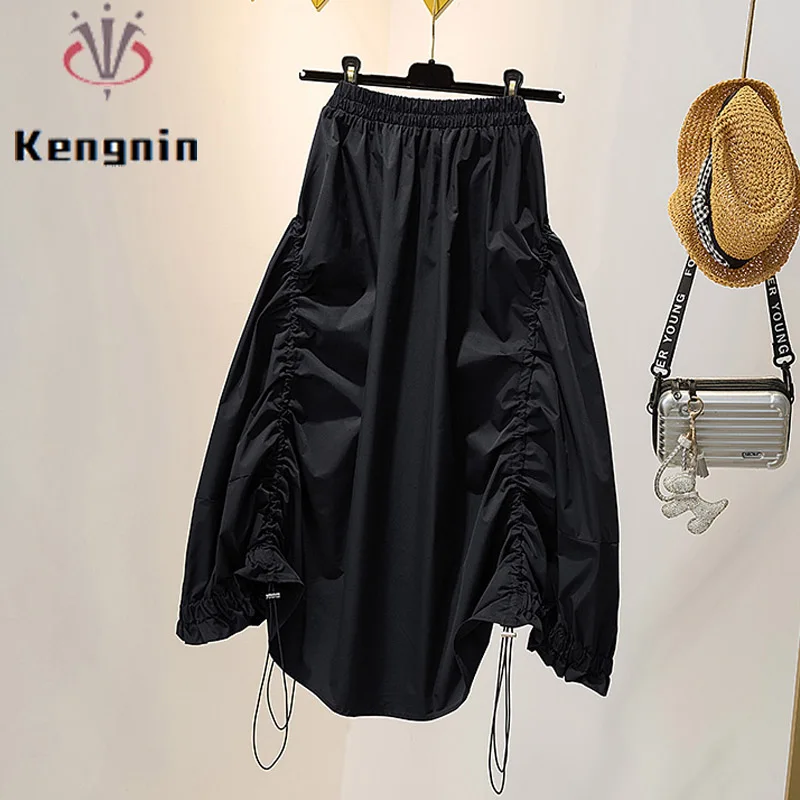 

European Style Women's Black Skirts for 2022 Autumn Plus Size 4XL Cargo Lady Skirts Aymmetrical Shirring Female Robe KE3029