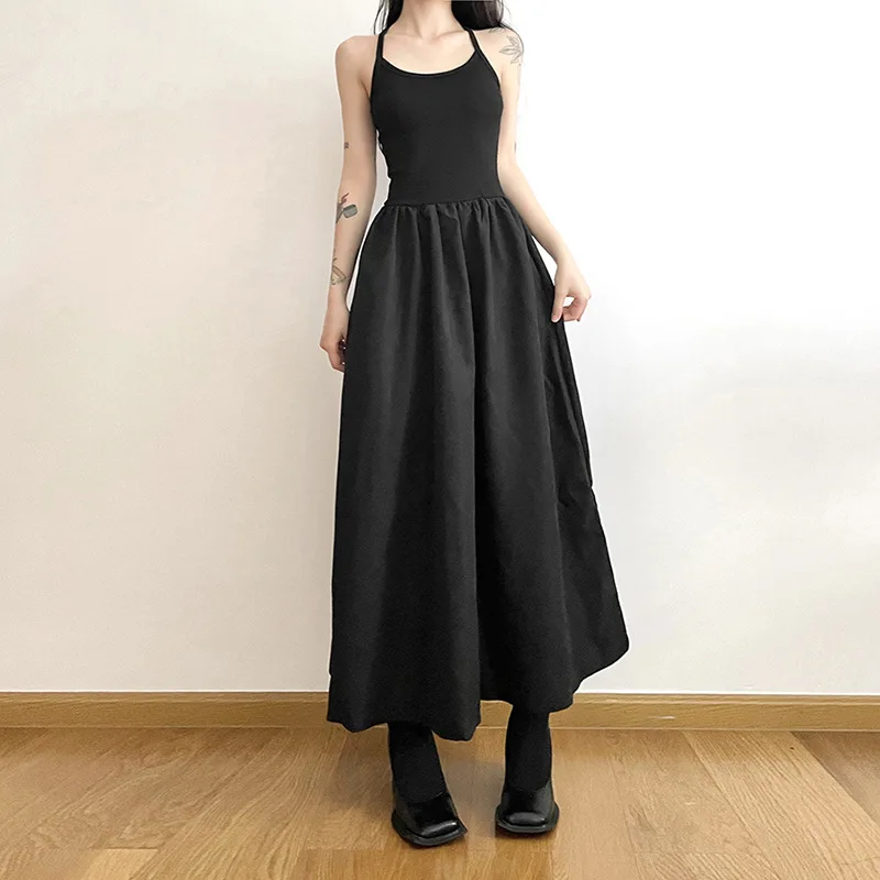

Goth Dark Backless Mall Gothic Casual Mide Dresses Grunge Style Black A-line Women Dress Slim Sleeveless Basic High Waist Outfit