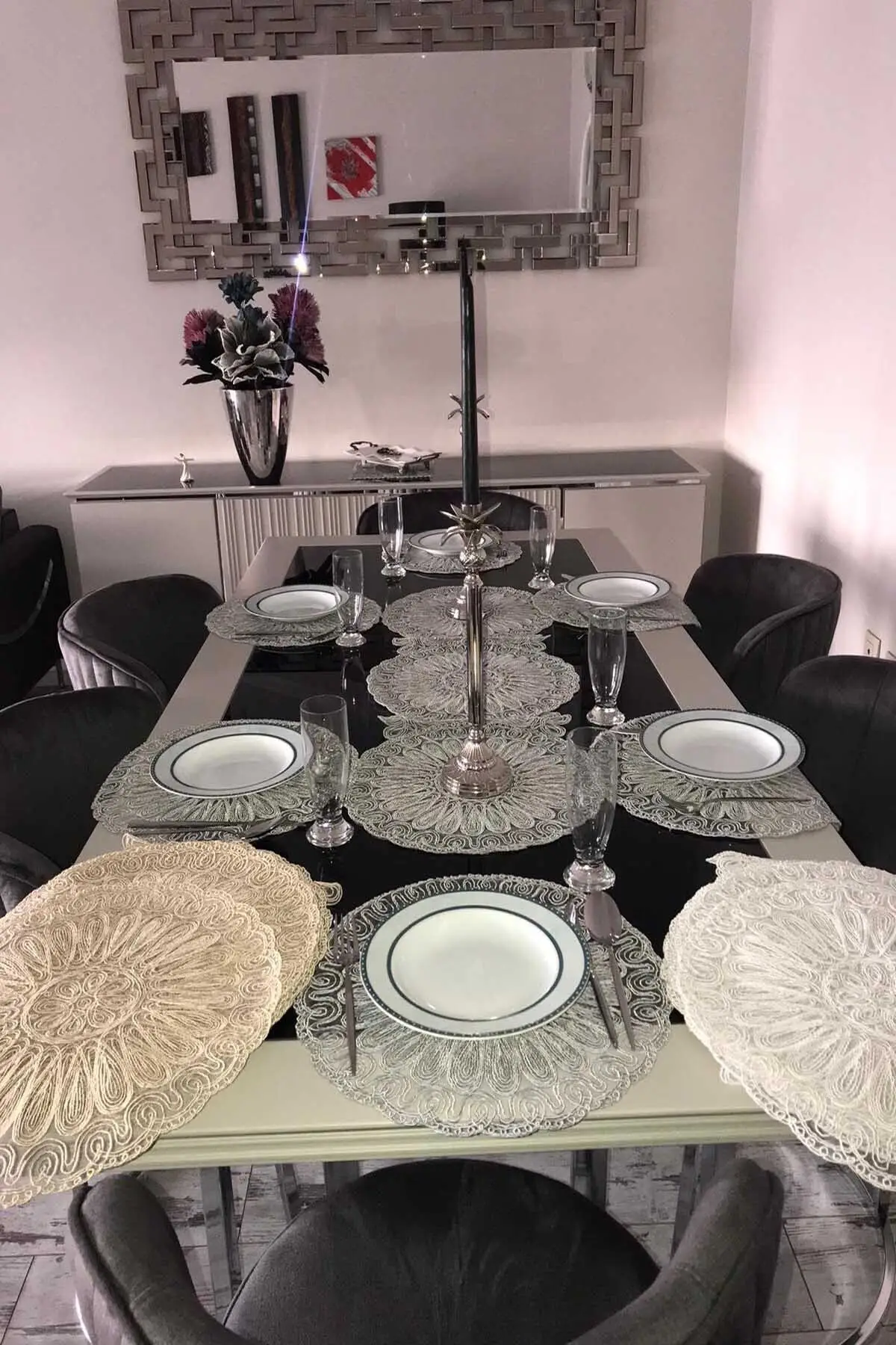 

French Lace Runner And Supla Set - 1 Runner, 6 Supla - Cappuccino