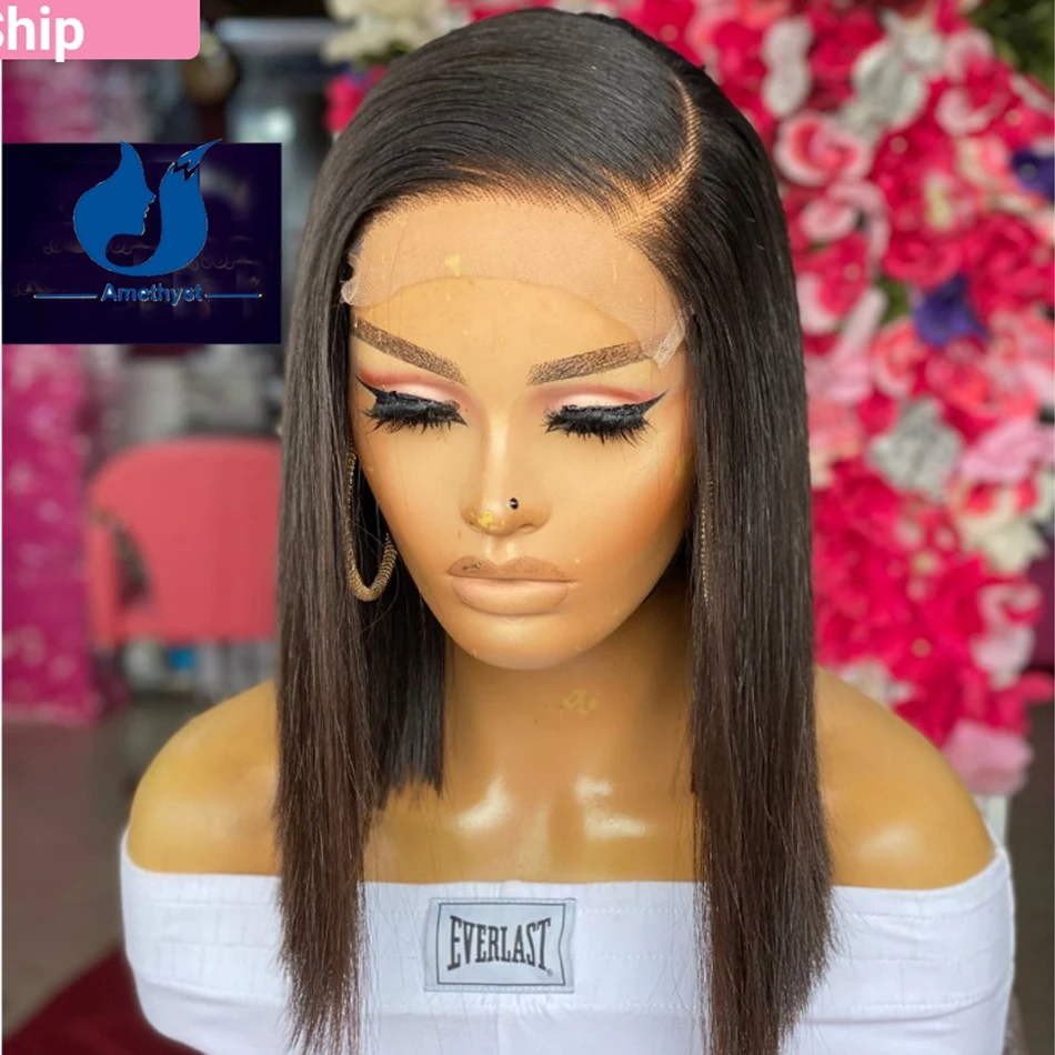 Brazilian Preplucked Natural Black Human Hair Wigs Bob Wig For Women 5.5X4.5PU Silk Base Lace Closure Wig Side Part Amethyst