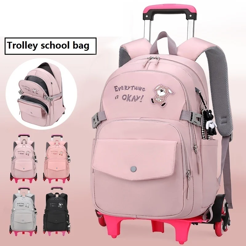

New Children School Backpack with Wheels Elementary Schoolbag Detachable Trolley School Bags for Girls Kids Mochila Femenina