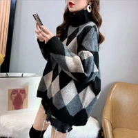 women sweater turtleneck long batwing sleeve knitted pullover argyle casual loose topwear checkerboard top spring clothing