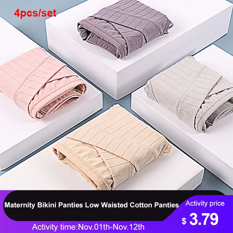 

4Pcs/set Maternity Bikini Panties Low Waisted Cotton Panties Lace Breathable Under Bump Pregnancy Underwear Postpartum Lingerie