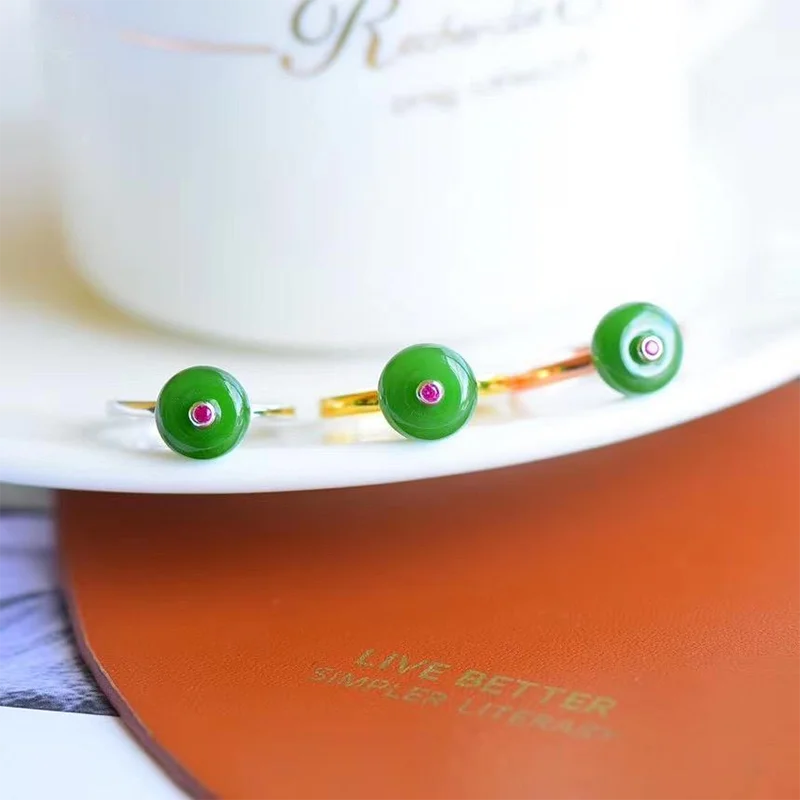 

Оригинальный дизайн, инкрустированное новое кольцо из натурального нефрита, открытое регулируемое кольцо из нефрита, простое женское сере...