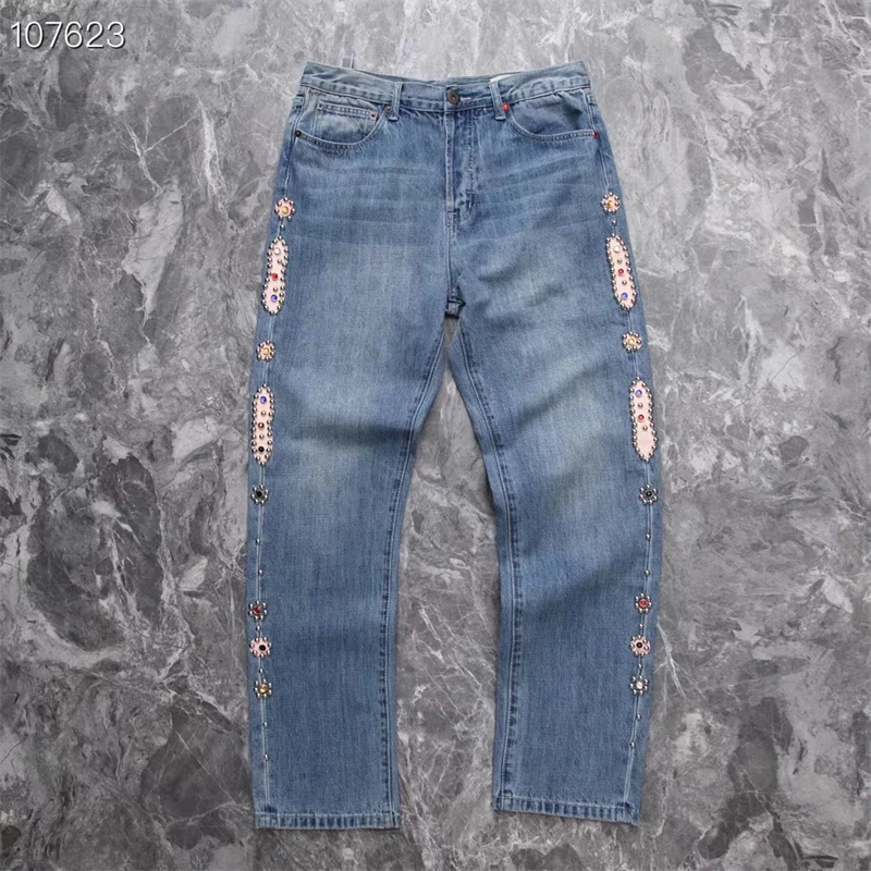 

New KAPITAL Vintage Denim Set With Diamonds Jeans Men Women Washed Blue Black Pants y2k Clothing