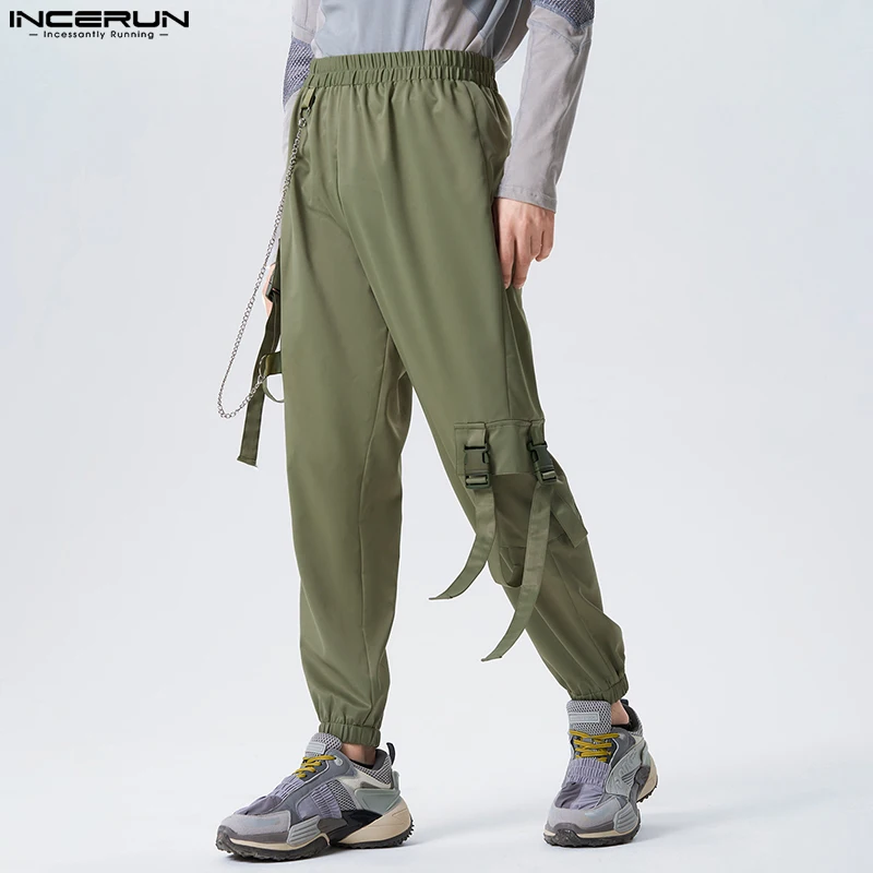 

INCERUN Men Pants Solid Color Joggers Elastic Waist Streetwear Casual Cargo Pants 2023 Loose Buckle Pockets Male Trousers S-5XL
