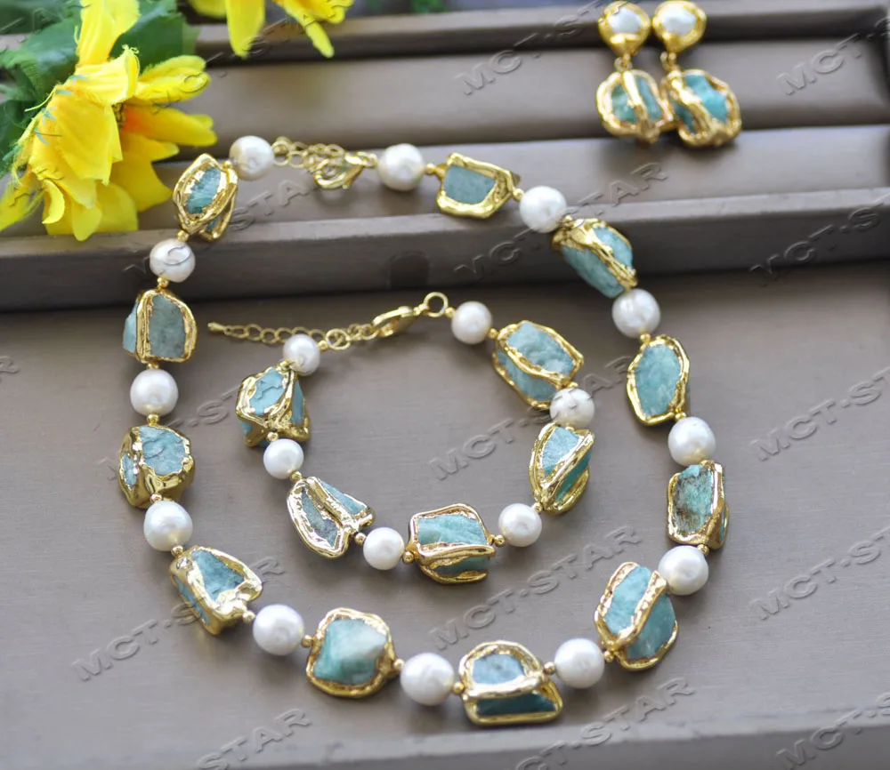 

MCT · STAR Z12241 набор барокко Аквамарин позолоченный белый жемчуг ожерелье браслет серьги