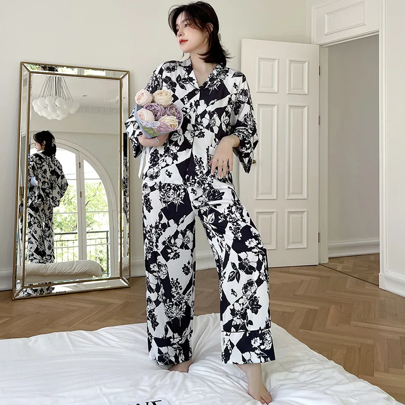 2023 Spring Ice Silk Pajamas Women's Long-Sleeved Suit Palace Style Summer Thin plus Size Homewear