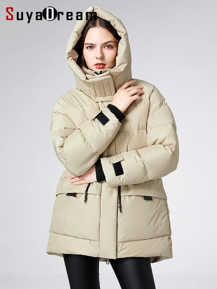 SuyaDream 2022 Winter Hooded Down Coats 90%White Duck Down Fillings Zipper Warm Parkas Khaki