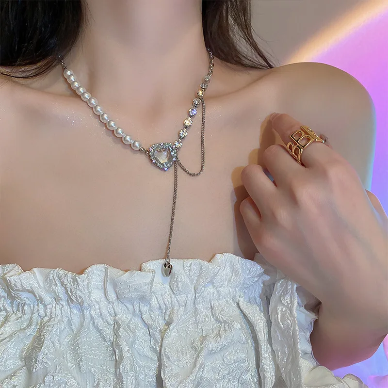 

Romantic Trendy Heart Cubic Zirconia Necklace Pendant Earrings Set For Women Pearl Crystal Simple Clavicle Chain Bride Jewelry