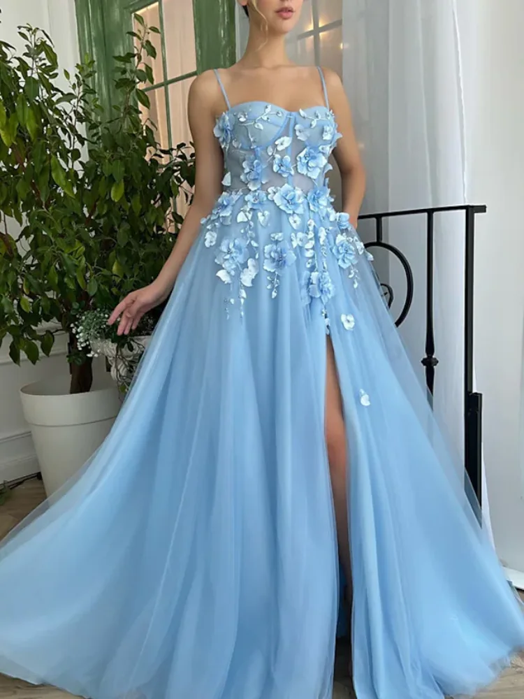 

Sky Blue Women Sweetheart Neckline Prom Dress Spaghetti Strap Floor-Length Illusion Tulle with Appliques Evening Party Club Gown
