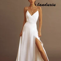 landuxiu 2022 womens pure white v neck solid color sleeveless camisole high slit big name design birthday prty dress