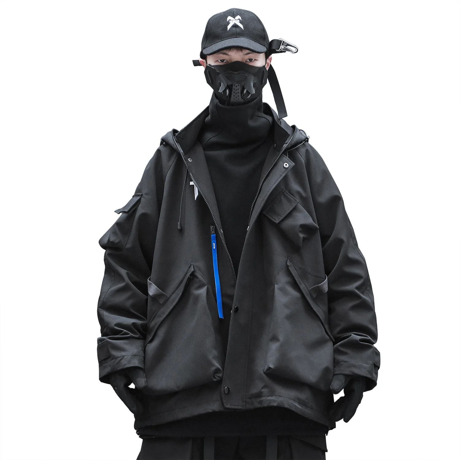 

Streetwear Fashion Hooded Jacket Men Black Zipper Pocket Coat