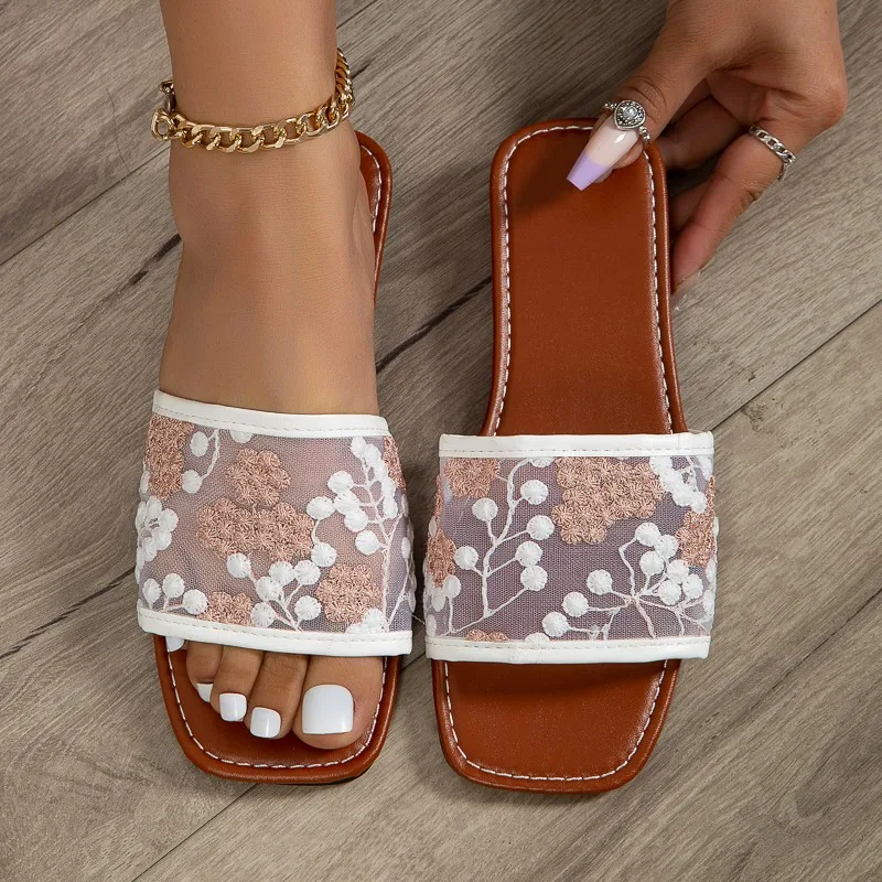 Women's Sandals Boho Style Colorblock Embroidered Casual Simple Flat Sandals Slipper for Women Indoor Outdoor Sandals for Women
