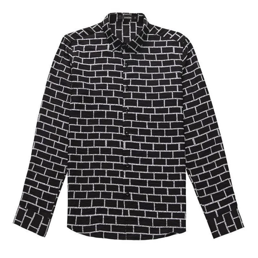Korean Fashion Men's Black and White Plaid Long-sleeved Shirt, Lapel Button Slim Casual Shirt, Non-iron and Anti-wrinkle