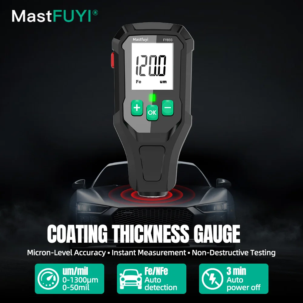 Фото MASTFUYI FY893 Тестер толщины покрытия Автомобильный толщиномер пленки краски 0-1350 мкм Fe и NFe Толщиномер покрытия №1