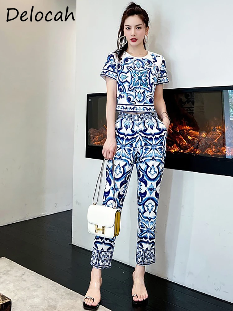 Delocah High Quality Autumn Women Fashion Runway Pants Sets Blue And White Porcelain Print Tees + High Waist Long Pants Suits