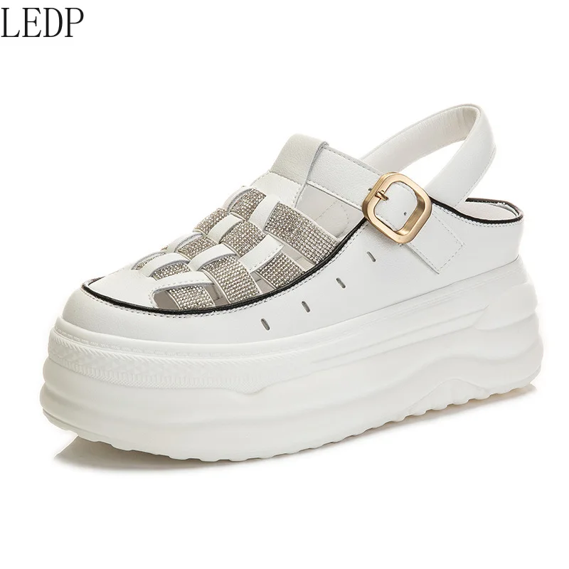 

Closed Toe Genuine Leather Sandals Women's Flat Height Increasing Insole Beach Shoes Platform Height Increasing Women Shoes