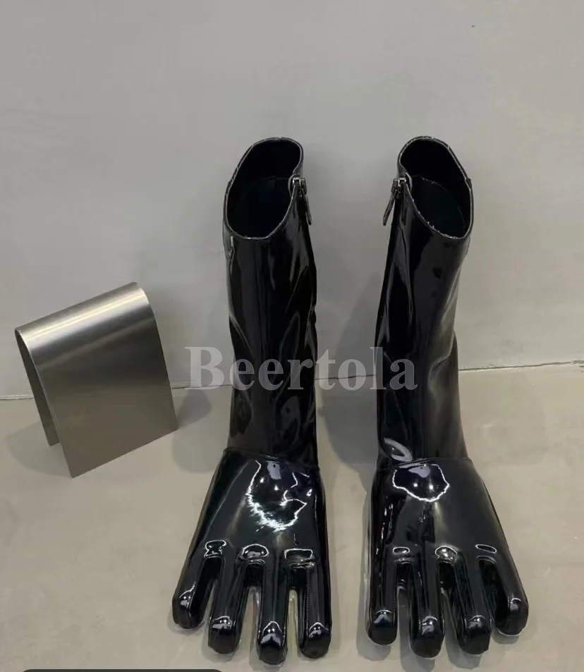 

Женские кожаные ботинки до середины икры, с разрезом, на молнии сбоку