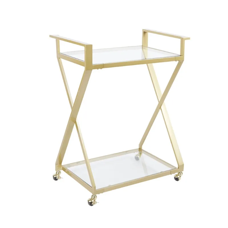 

Regina X-Frame Two-Tier Metal and Glass Serving Cart Gold Finish 16 L X 26 W X 34 H In Tea Trolley Carrito Bar