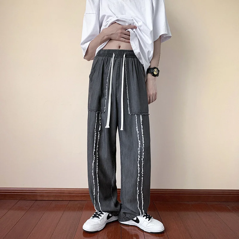 

Summer Mens Thin Denim Fashion Patchwork Chic Trousers Big Pockets Jeans Korean Style High Street Loose Hip Hop Jean Pants
