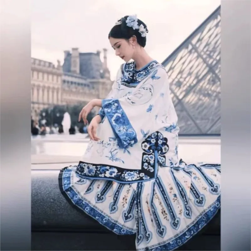 Женское платье с фарфоровым принтом Ge сине-белое в стиле династии Цин одежда Хань