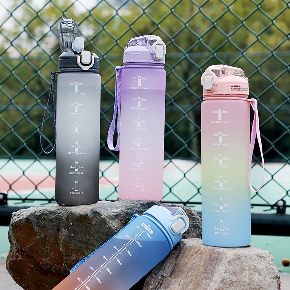 YCALLEY 32oz Motivational Gallon Water Bottle With Time Marker Frosted Flip Cap Portable Plastic Water Bottles Sports 1 Liter