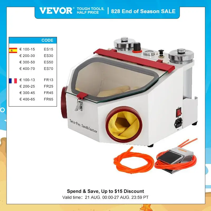 VEVOR Dental Lab Sandblaster Equipment 2 Pen+2 Tanks with LED Light Large View Window and Foot Pedal Control for Removing Oxides