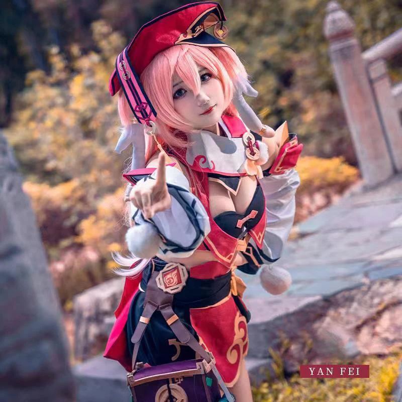 

Yanfei Cosplay Game Genshin Impact Costume Wise Innocence Cute Yan Fei Outfits Wigs Cos Sexy Top Skirt Outfit Bag Full Set