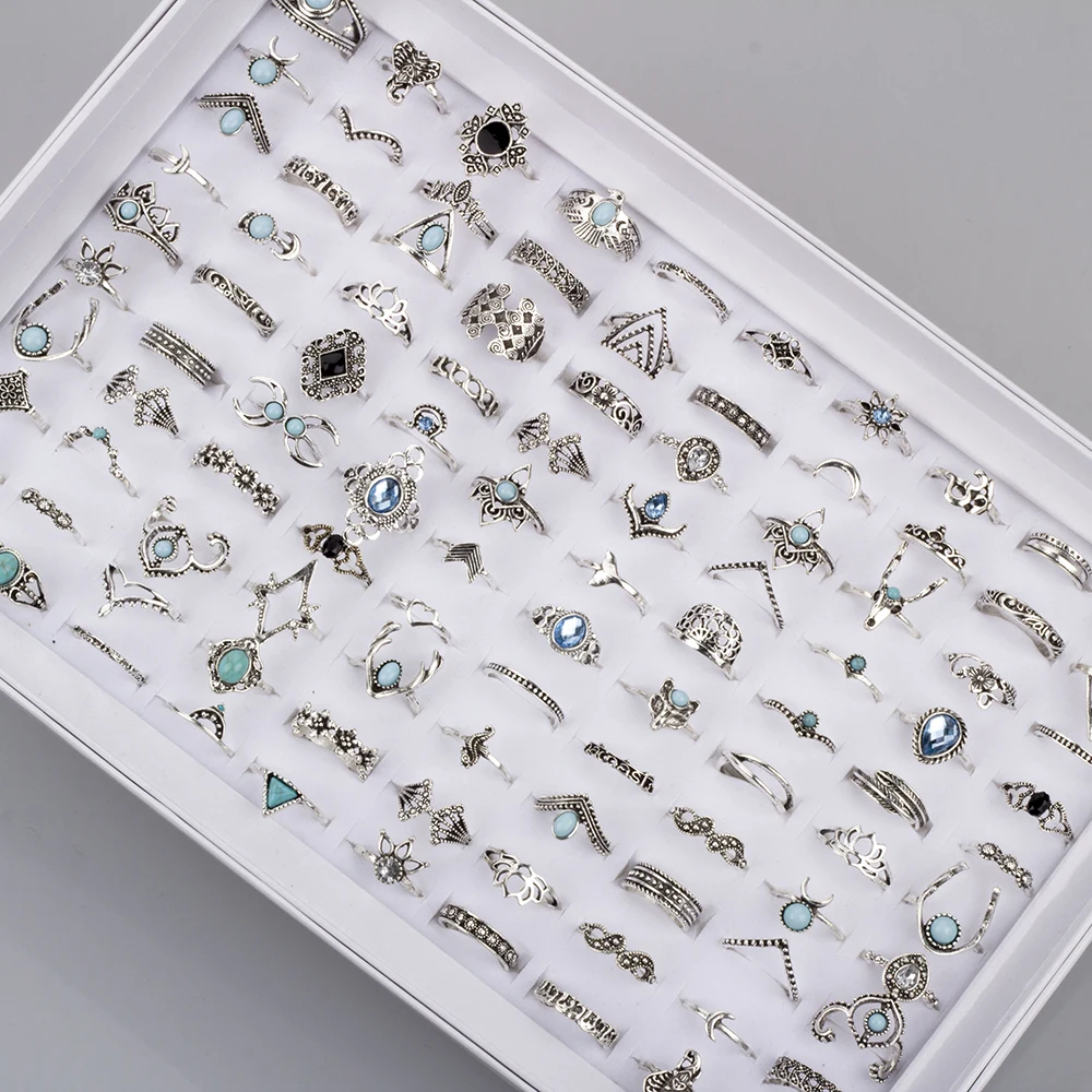 

50Pcs/Lot Bohemia Vintage Silvery Rings for Women Men Mix Size Crown Elephant Butterfly Finger Ring Party Jewelry Gift Wholesale