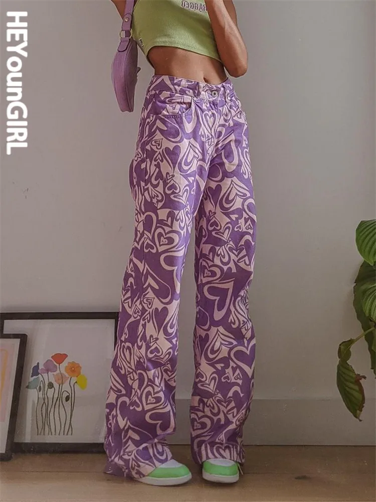

HEYounGIRL Heart Print Casual High Waist Jeans Women 2000s Aesthetic Skinny Straight Denim Trousers Fashion Cute 90s Streetwear