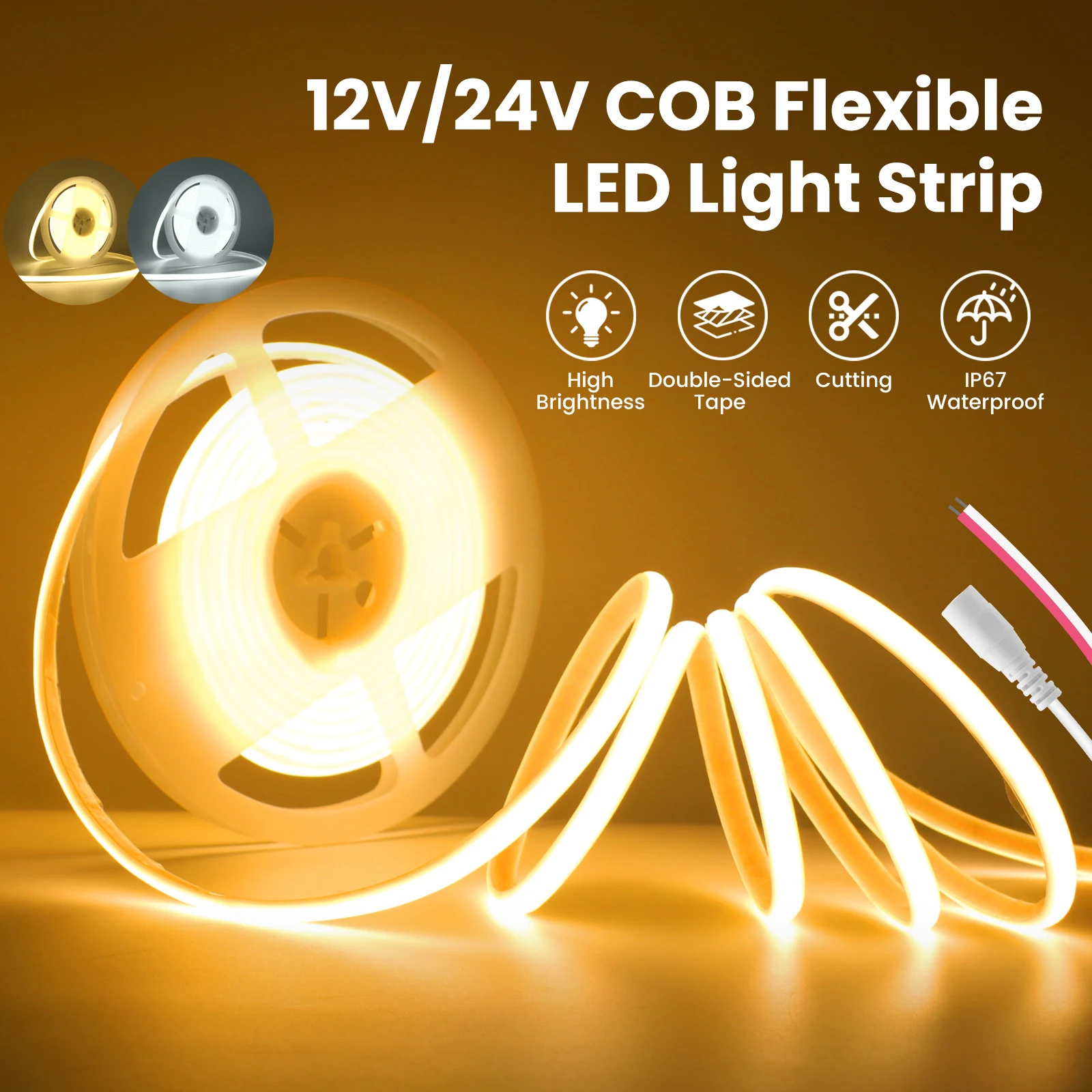 Фото DC12V 24V 1M-20M COB Светодиодная лента 320LEDs/m IP67 Водонепроницаемая гибкая лента RA90 шириной 10 мм для кухонного шкафа, садового освещения №1