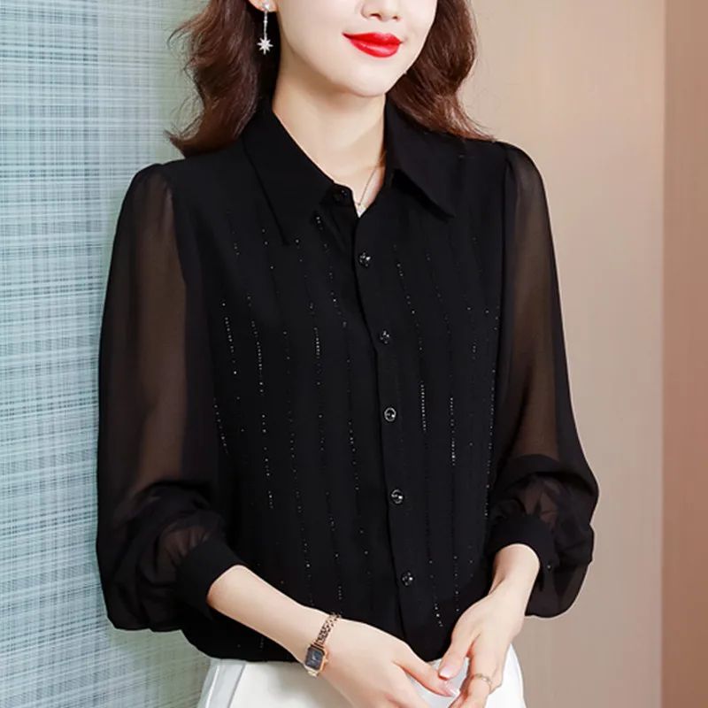 Long sleeve Chiffon Shirt Women 2024 Spring New Korean Sle Western Bottoming Fashion Diamond-Embedded Belly Cov...