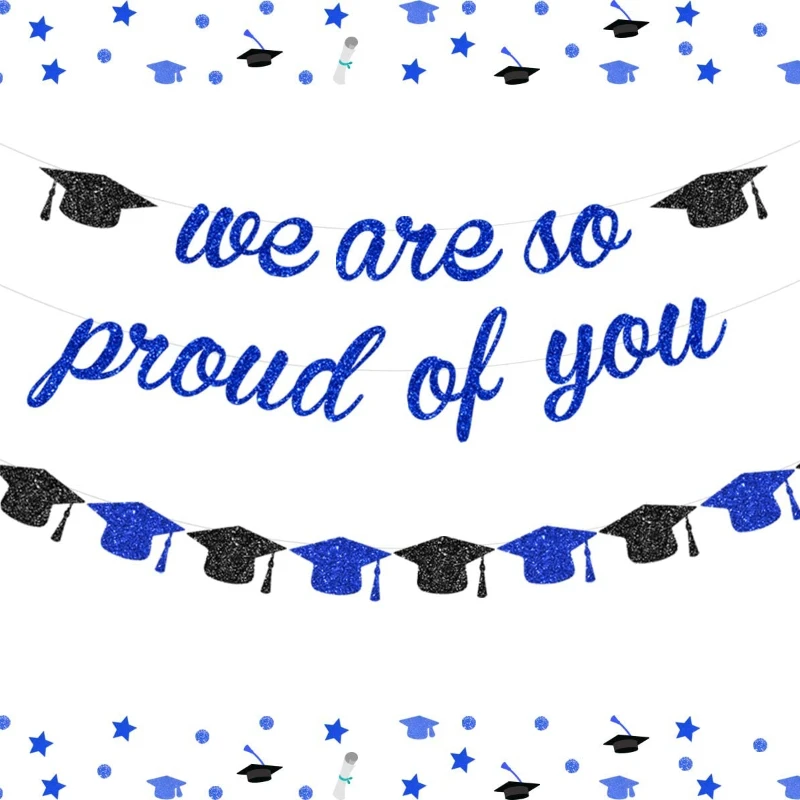 

Funmemoir Blue Glitter We Are So Proud of You Banner Graduation Banner Grad Cap Garland for 2022 Graduation Party Decorations