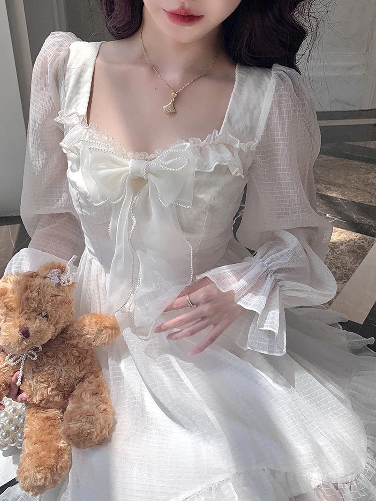 

French Sweet Fairy Lolita Dress Women Long Sleeve Lace Y2k Mini Dress Vintage Kawaii Clothes One Piece Dress Korean 2022 Spring