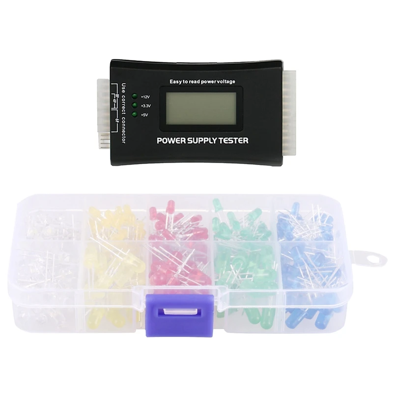 

300Pcs 3Mm 5Mm Assorted Color LED Light Emitting Diode Assortment Kit With 20+4 Pin LCD Power Supply Tester