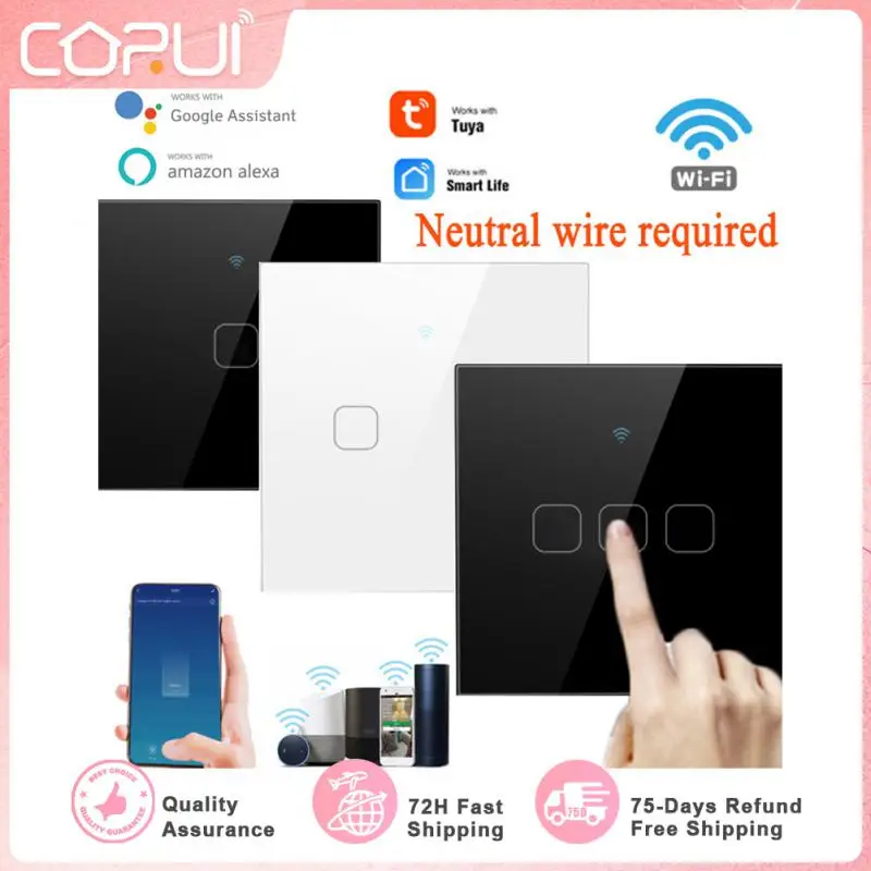 

1/2/3 Gang TUYA WiFi Smart Touch Switch No Neutral Required 86 EU Single-fire Switch Panel Home Wall Button For Alexa And Google
