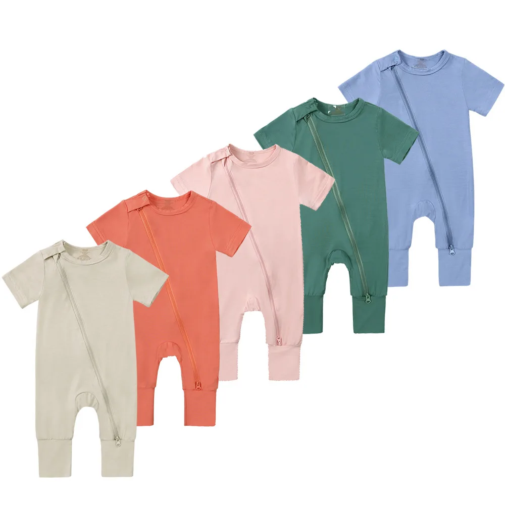 

2023 Baby Romper Bamboo Fiber Baby Boy Girl Clothes Newborn Diagonal Zipper Jumpsuit Solid Short-Sleeve Baby Clothing 0-18M