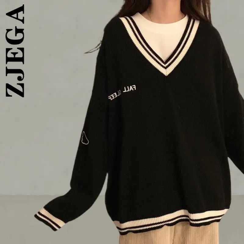 

Zjega Women Sweater New Knitted Korean Streetwear Women Sweaters Loose Simple Warm Women's Sweater V-neck Leisure Female Woman