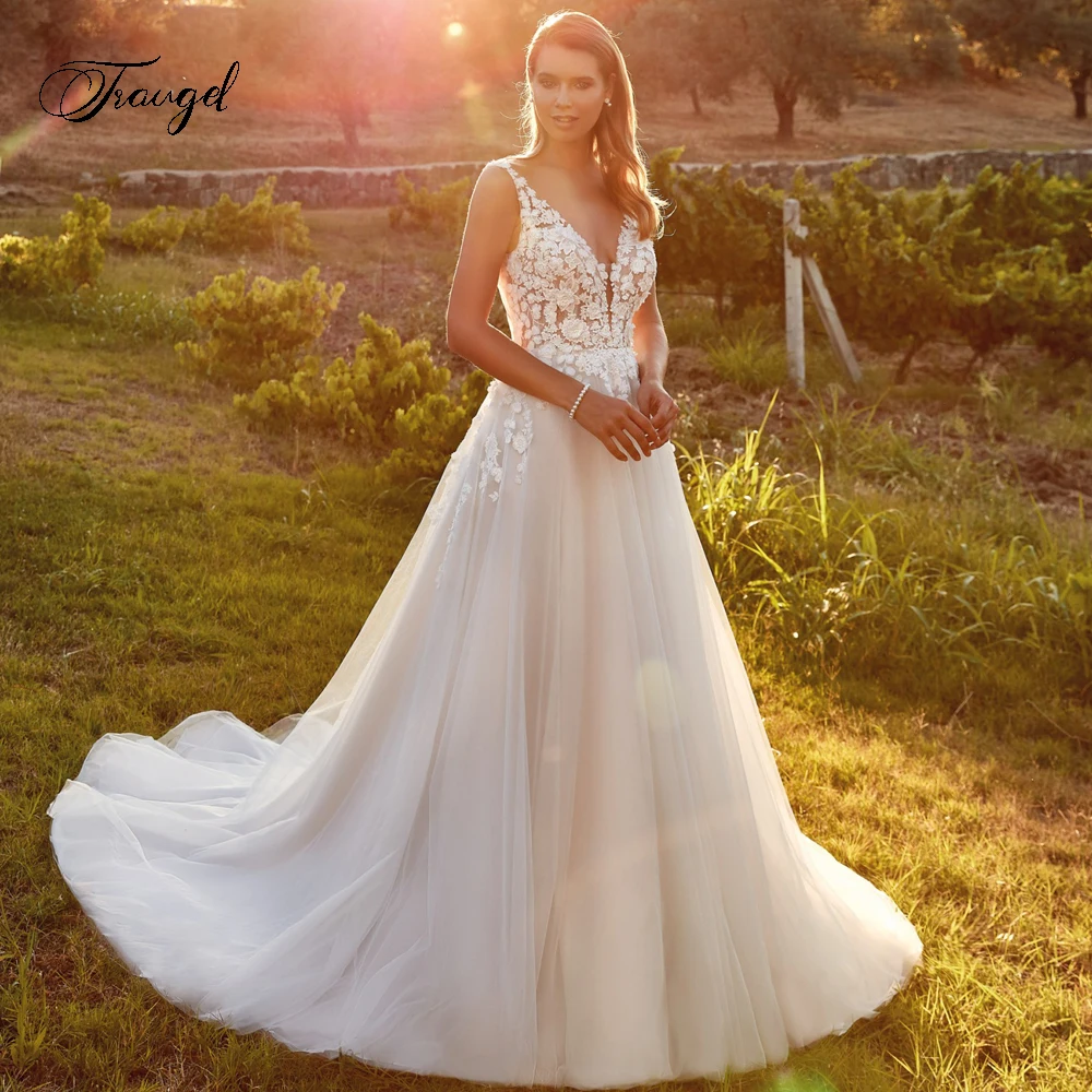 

Traugel A-Line Elegant Romantic Wedding Dresses Sweetheart Sleeeveless Vestido De Novia Appliques Illusion Boho Robe De Mariee
