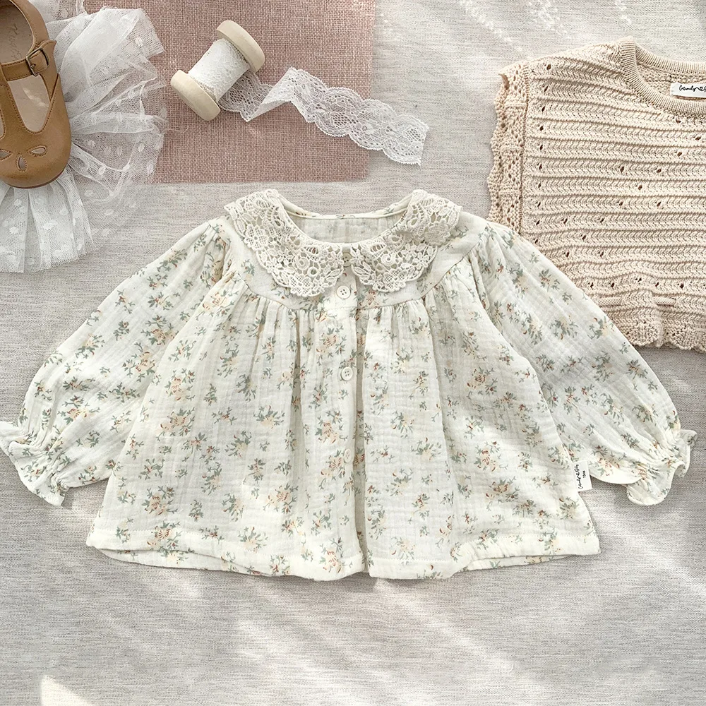 

Осенняя рубашка для маленьких девочек с длинным рукавом и вышивкой, детская Цветочная рубашка для маленьких девочек, милая детская кружевн...